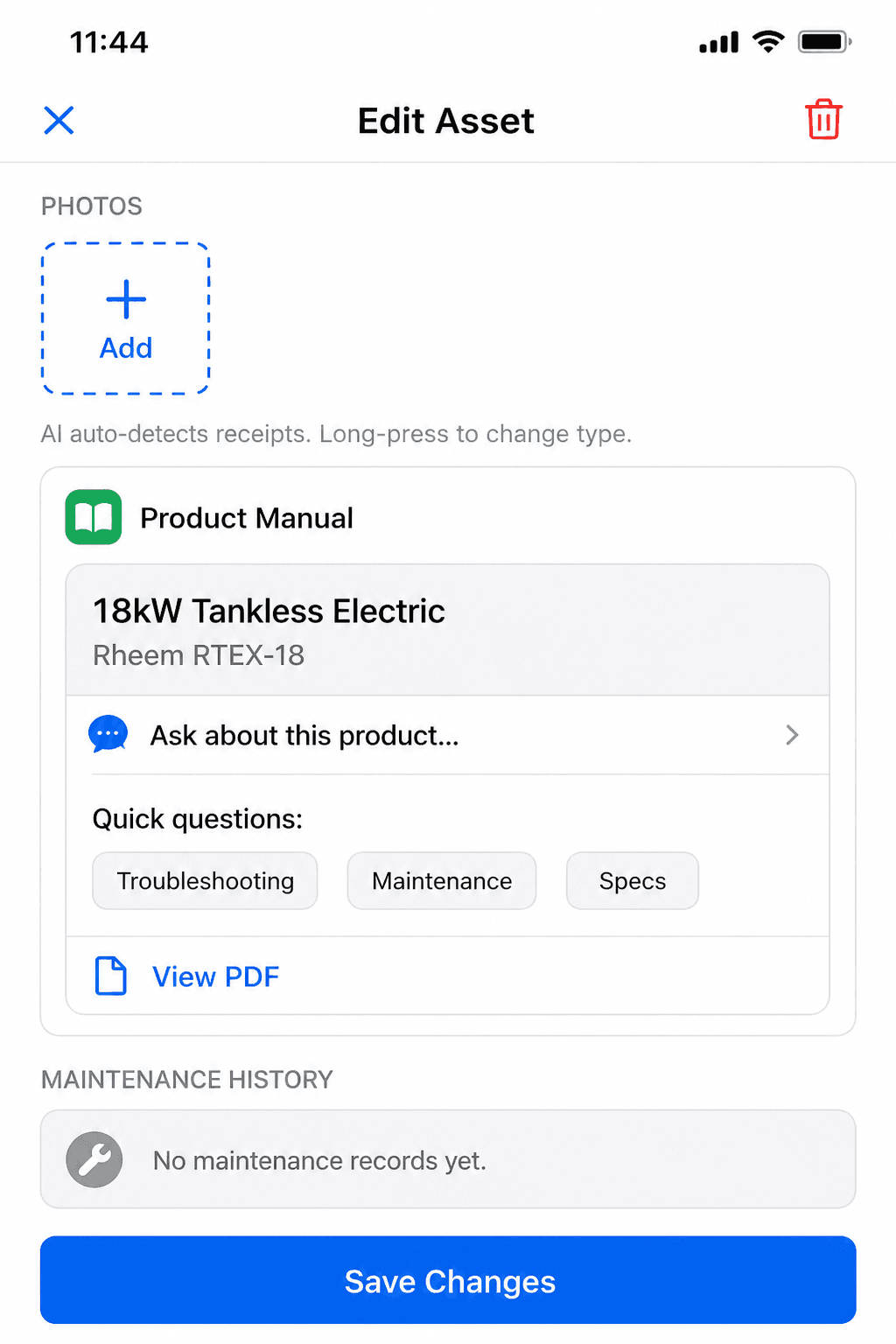 Living record for an 18kW Tankless Electric Rheem RTEX-18 with Ask card